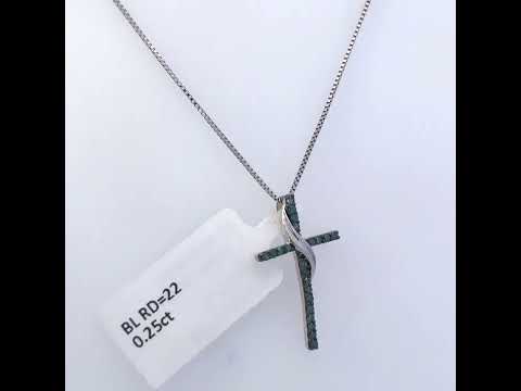 .925 Sterling Silver 1/4 Cttw Blue Diamond Ribbon Swirl over Cross Pendant Necklace (Blue Color, I2-I3 Clarity) - 18" Inches