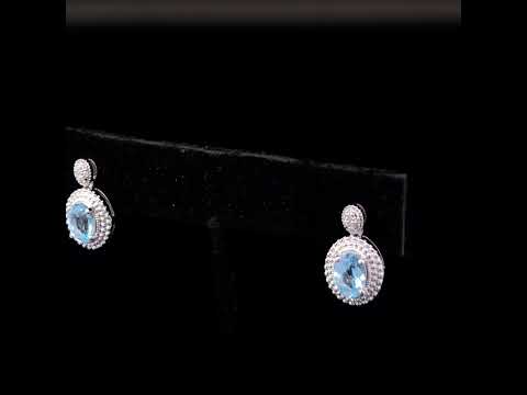.925 Sterling Silver Diamond Accent and  Oval Blue Topaz with Beaded Halo Drop Stud Earrings (I-J color, I1-I2 Clarity)