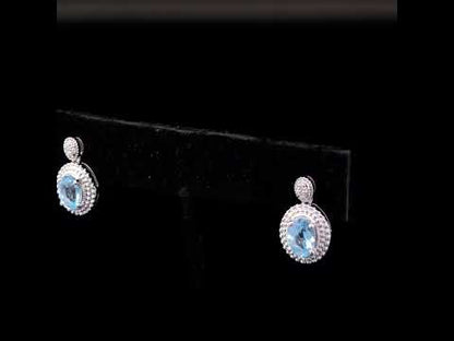 .925 Sterling Silver Diamond Accent and  Oval Blue Topaz with Beaded Halo Drop Stud Earrings (I-J color, I1-I2 Clarity)
