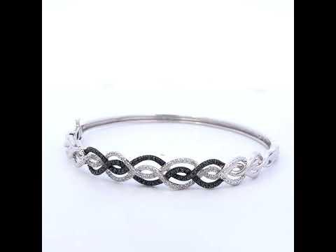 .925 Sterling Silver 3/8 Cttw White and Black Diamond Swirl Bangle Bracelet (Black Color, I3 Clarity) - 7.75" Inches