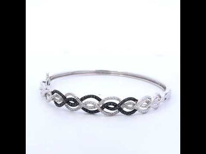 .925 Sterling Silver 3/8 Cttw White and Black Diamond Swirl Bangle Bracelet (Black Color, I3 Clarity) - 7.75" Inches