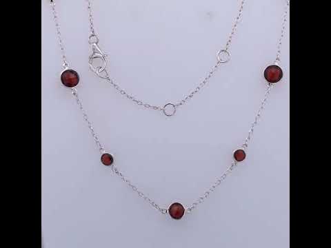 .925 Sterling Silver Checkerboard Cut Red Garnet Bezel Station Necklace - 22" Inches