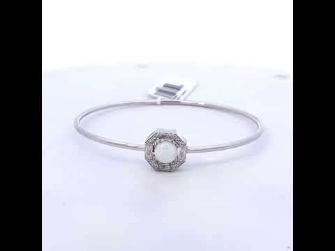 .925 Sterling Silver 7X7MM Created Opal and White Sapphire Halo Bangle Bracelet - 7 Inches