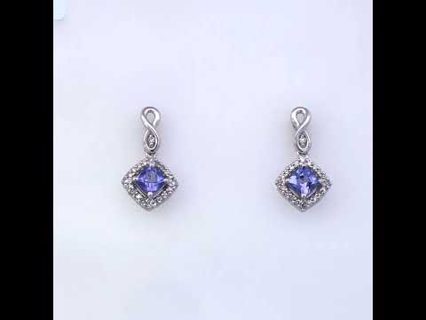 10K White Gold Blue Purple Tanzanite and Diamond Halo Cushion Shaped Drop Earrings (I-J Color, I1-I2 Clarity)