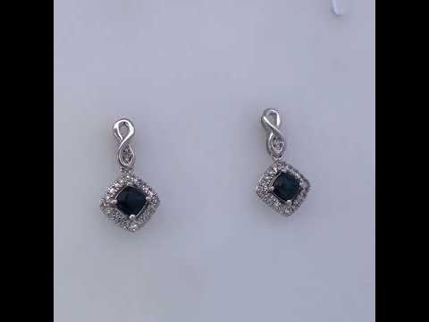 10K White Gold Blue  Sapphire and Diamond Halo Cushion Shaped Drop Earrings (I-J Color, I1-I2 Clarity)