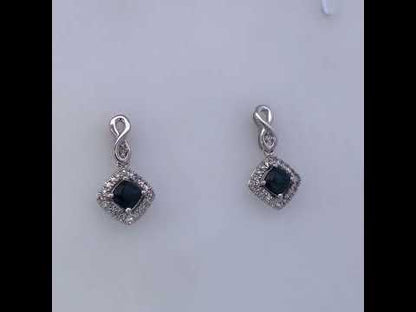 10K White Gold Blue  Sapphire and Diamond Halo Cushion Shaped Drop Earrings (I-J Color, I1-I2 Clarity)