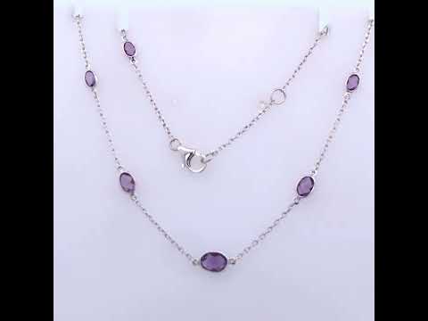 .925 Sterling Silver Checkerboard Cut Purple Amethyst Bezel Station Necklace - 22" Inches