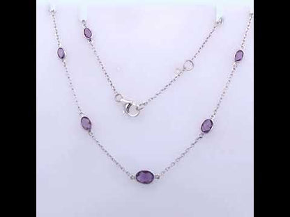 .925 Sterling Silver Checkerboard Cut Purple Amethyst Bezel Station Necklace - 22" Inches