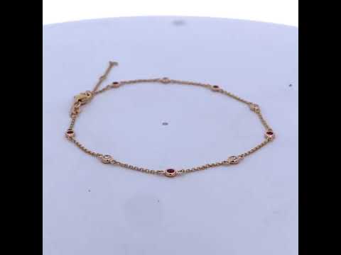 14K Yellow Gold Alternating Red Ruby and White Diamond Bezel Station Chain Bracelet (I-J Color, SI2-I1 Clarity) - 8" Inches