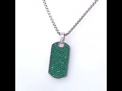 Men's .925 Sterling Silver Created Green Emerald Dog Tag Pendant Necklace - 22" Inches