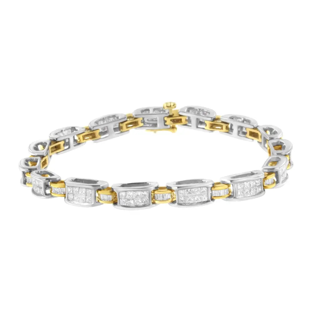Princess & baguette cut diamond link bracelet in two-tone gold – 3 cttw