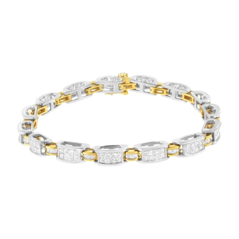Princess & baguette cut diamond link bracelet in two-tone gold – 3 cttw