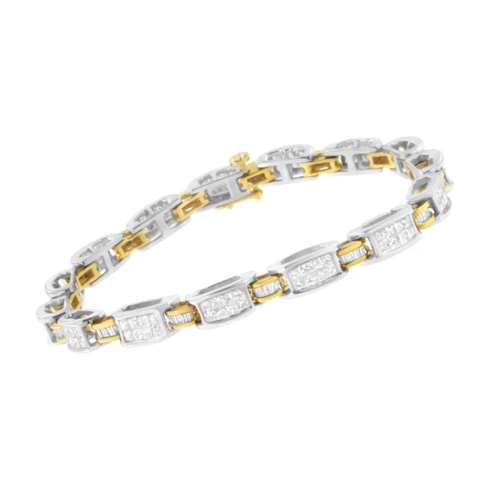 Princess & baguette cut diamond link bracelet in two-tone gold – 3 cttw