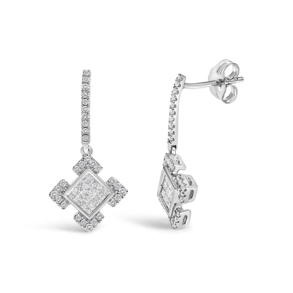 Princess cut diamond geometric dangle earrings in 10k white gold 1/2 cttw bijoux-nyc direct