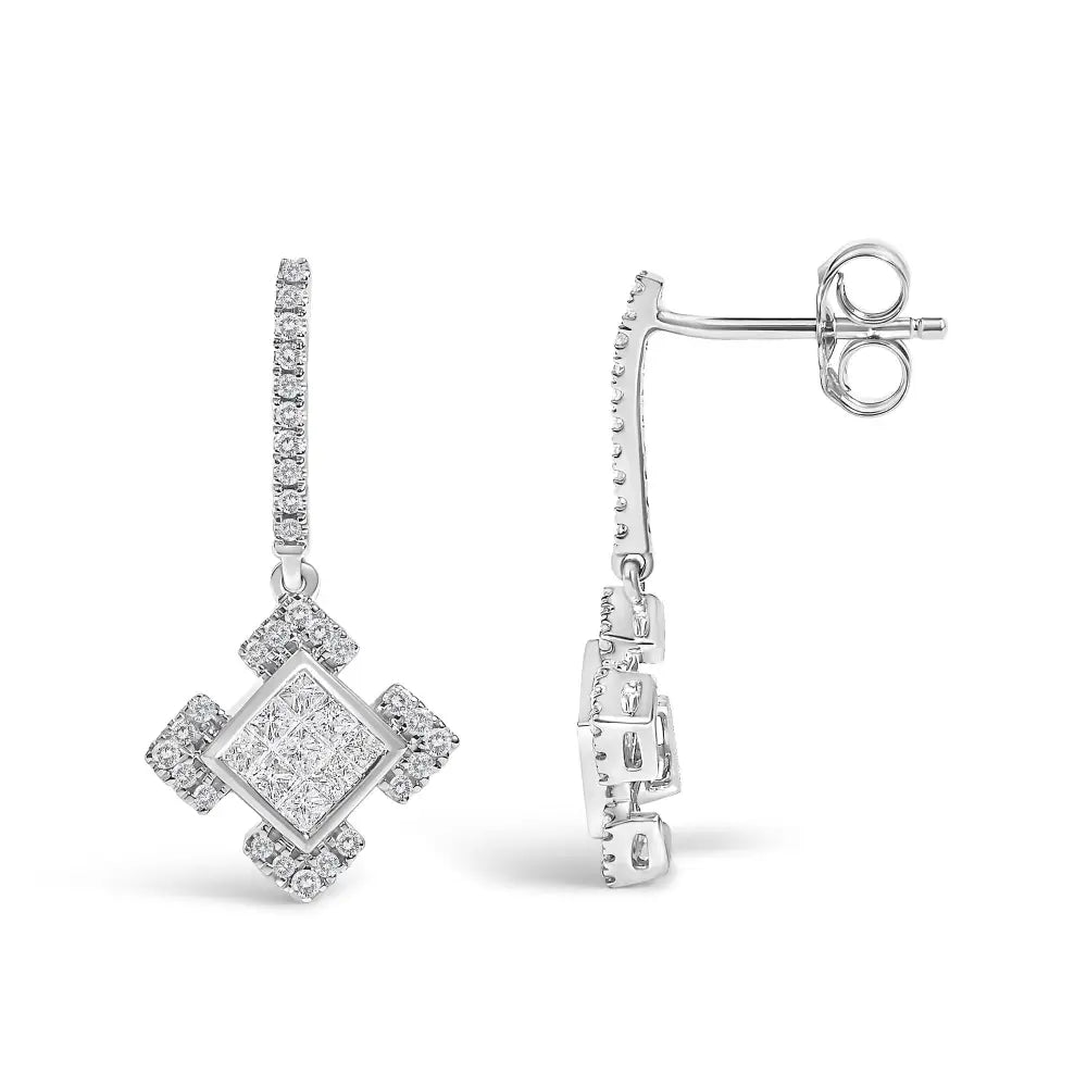 Princess cut diamond geometric dangle earrings in 10k white gold 1/2 cttw bijoux-nyc direct