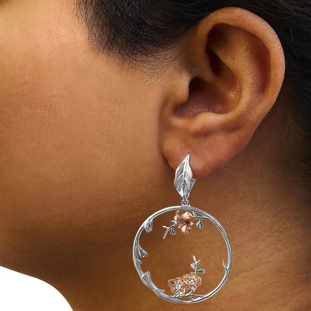 Rose Gold Plated .925 Sterling Silver 1/10 Cttw Diamond Floral Hoop Earrings (I-J Color, SI1-SI2 Clarity) - Bijoux-NYC Direct