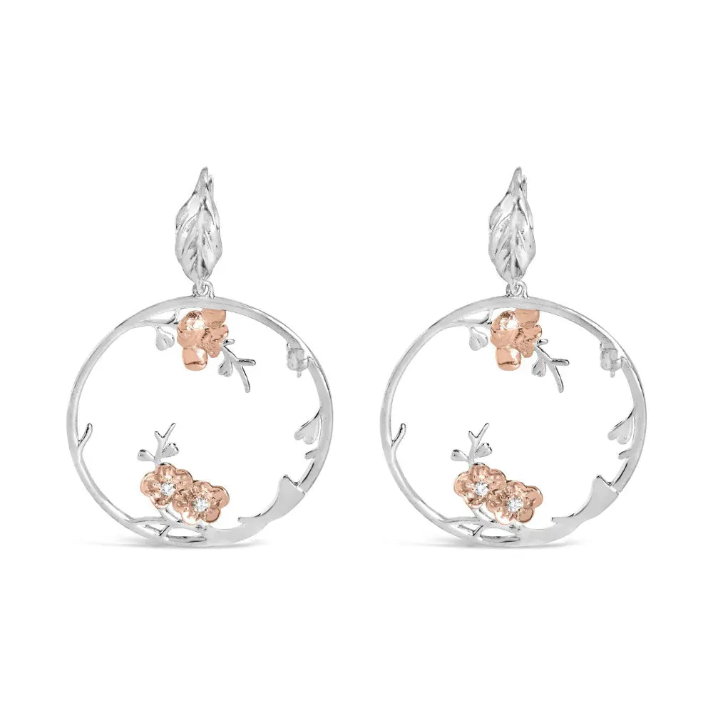 Rose Gold Plated .925 Sterling Silver 1/10 Cttw Diamond Floral Hoop Earrings (I-J Color, SI1-SI2 Clarity) - Bijoux-NYC Direct