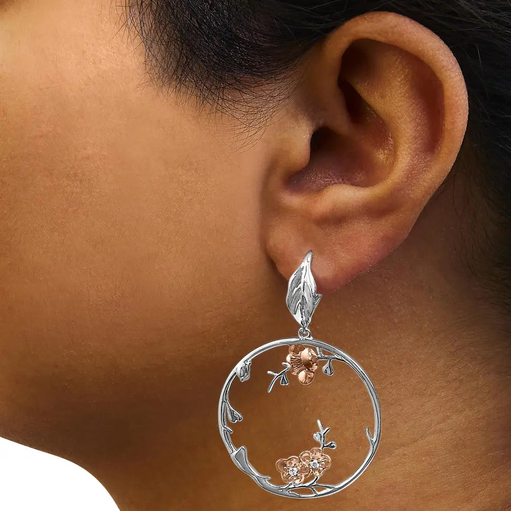 Diamond floral dangle earrings in rose gold sterling silver – 1/10 ct