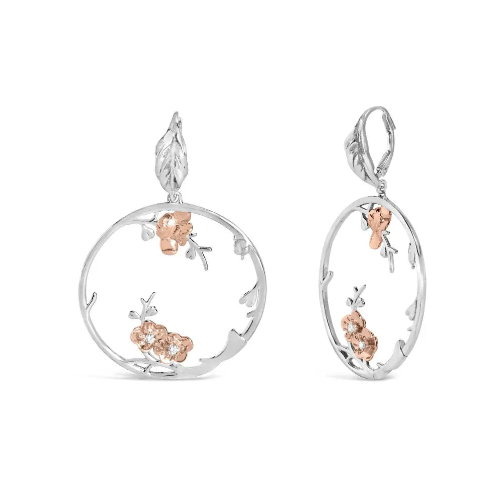 Rose Gold Plated .925 Sterling Silver 1/10 Cttw Diamond Floral Hoop Earrings (I-J Color, SI1-SI2 Clarity) - Bijoux-NYC Direct
