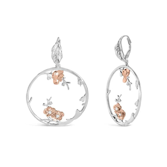 Rose Gold Plated .925 Sterling Silver 1/10 Cttw Diamond Floral Hoop Earrings (I-J Color, SI1-SI2 Clarity) - Bijoux-NYC Direct