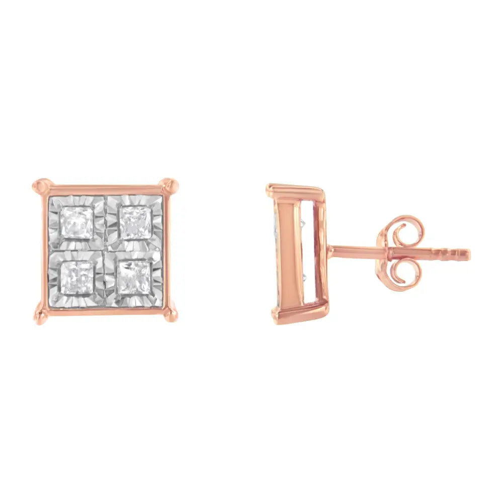 3/4 cttw princess cut diamond square stud earrings in rose gold silver bijoux-nyc direct