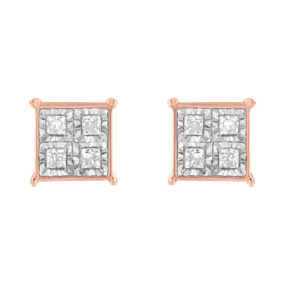Rose Gold Plated Sterling Silver Diamond Composite Stud Earrings (3/4 cttw, J-K Color, I1-I2 Clarity) - Bijoux-NYC Direct