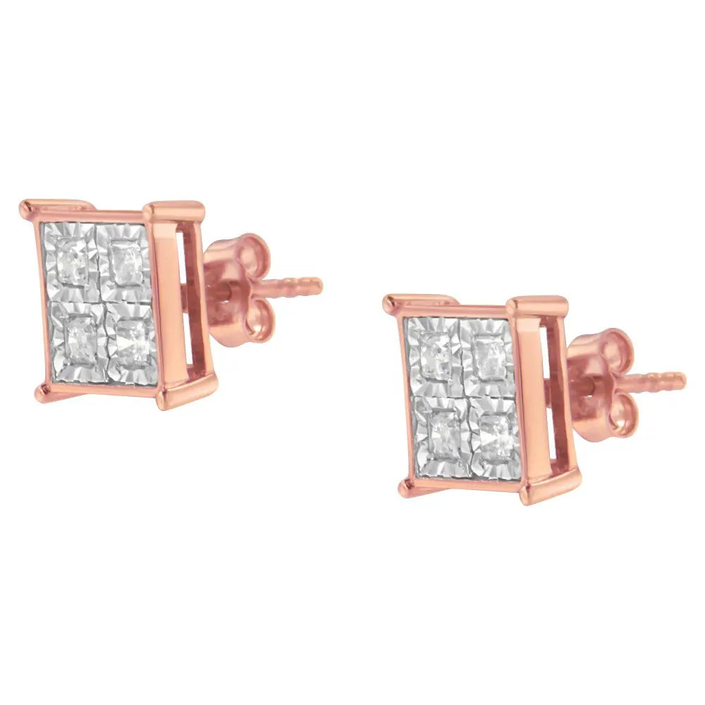 Rose Gold Plated Sterling Silver Diamond Composite Stud Earrings (3/4 cttw, J-K Color, I1-I2 Clarity) - Bijoux-NYC Direct