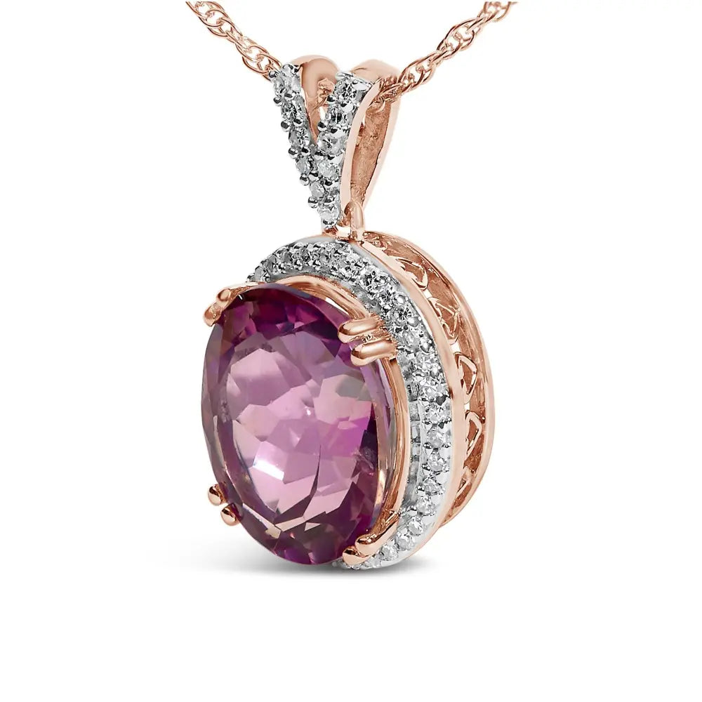 Rose gold vermeil sterling silver 1/5 cttw diamond pink quartz necklace bijoux-nyc direct