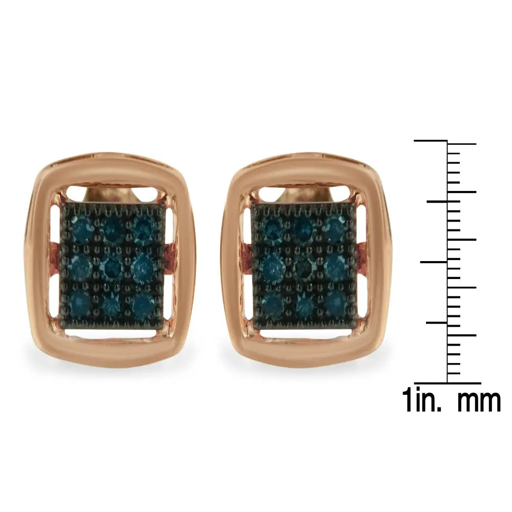Blue diamond cushion stud earrings in rose gold plated sterling silver bijoux-nyc direct