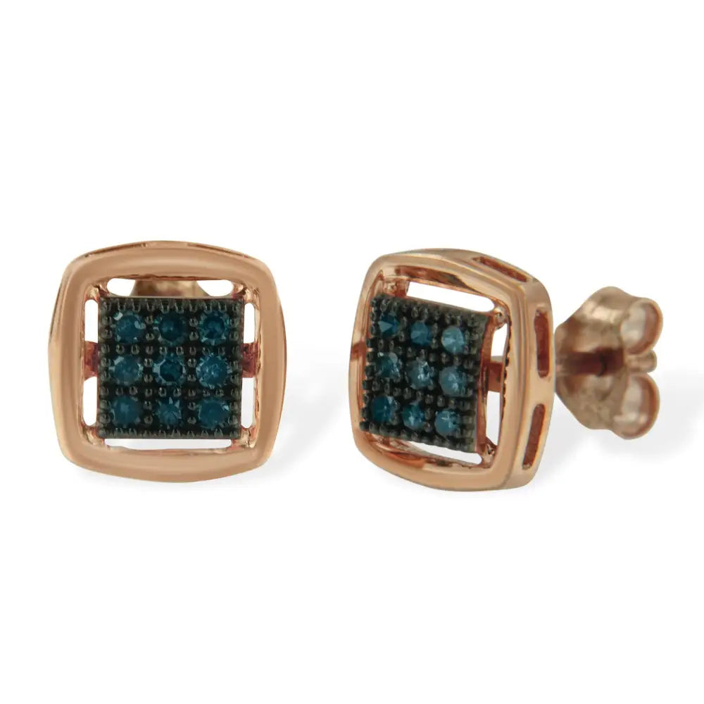 Blue diamond cushion stud earrings in rose gold plated sterling silver bijoux-nyc direct