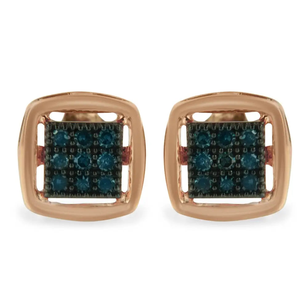 Blue diamond cushion stud earrings in rose gold plated sterling silver bijoux-nyc direct