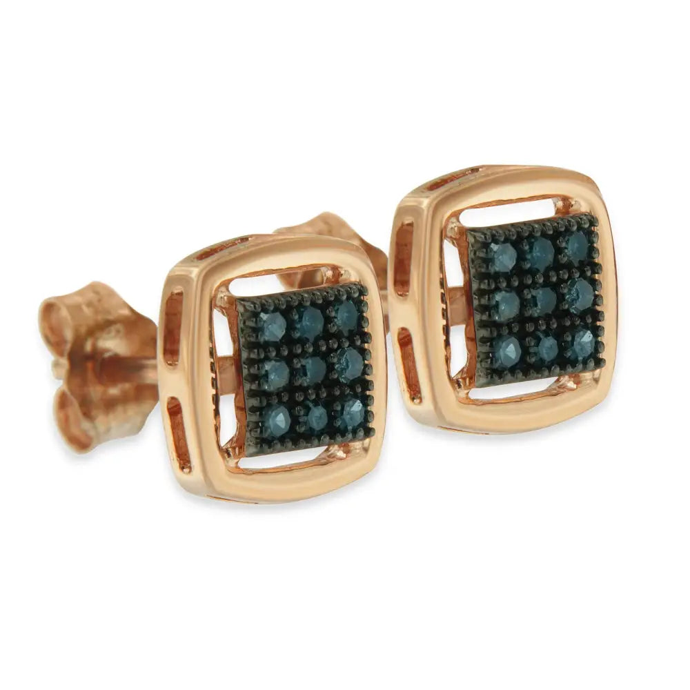 Blue diamond cushion stud earrings in rose gold plated sterling silver bijoux-nyc direct
