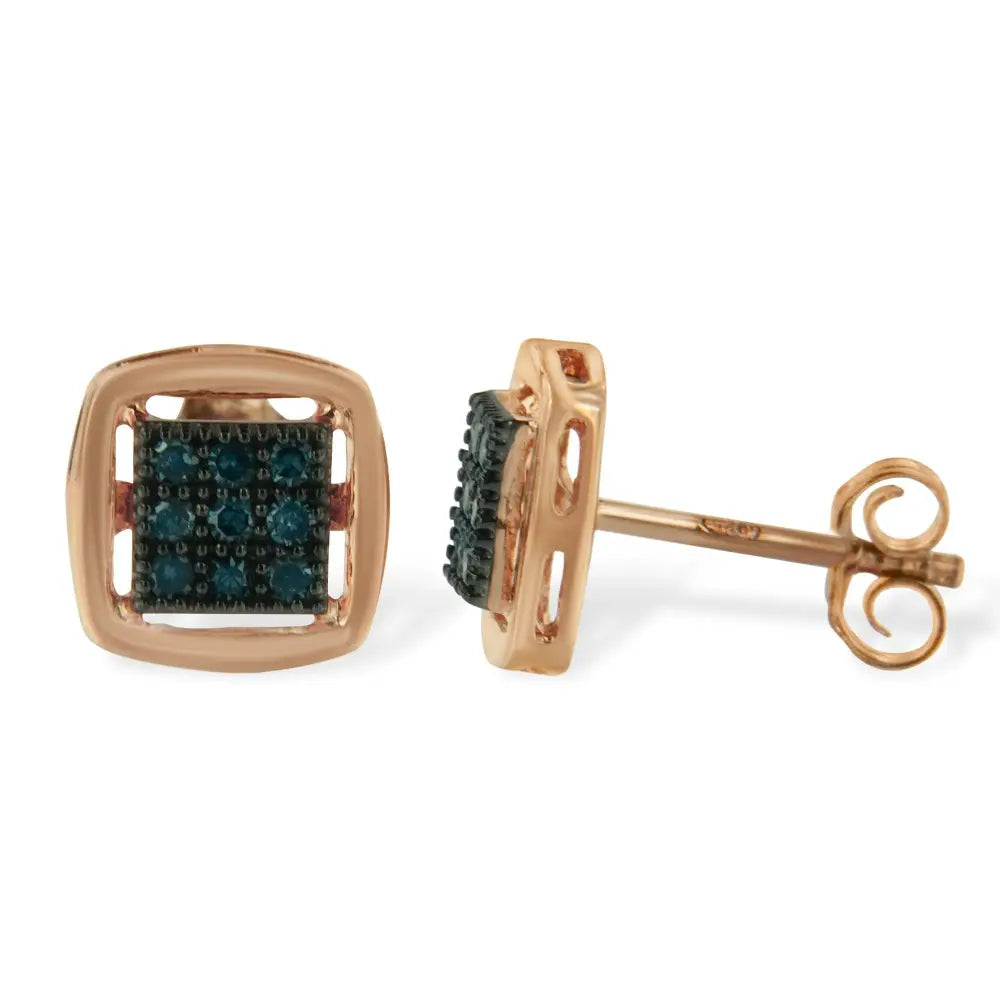 Blue diamond cushion stud earrings in rose gold plated sterling silver bijoux-nyc direct