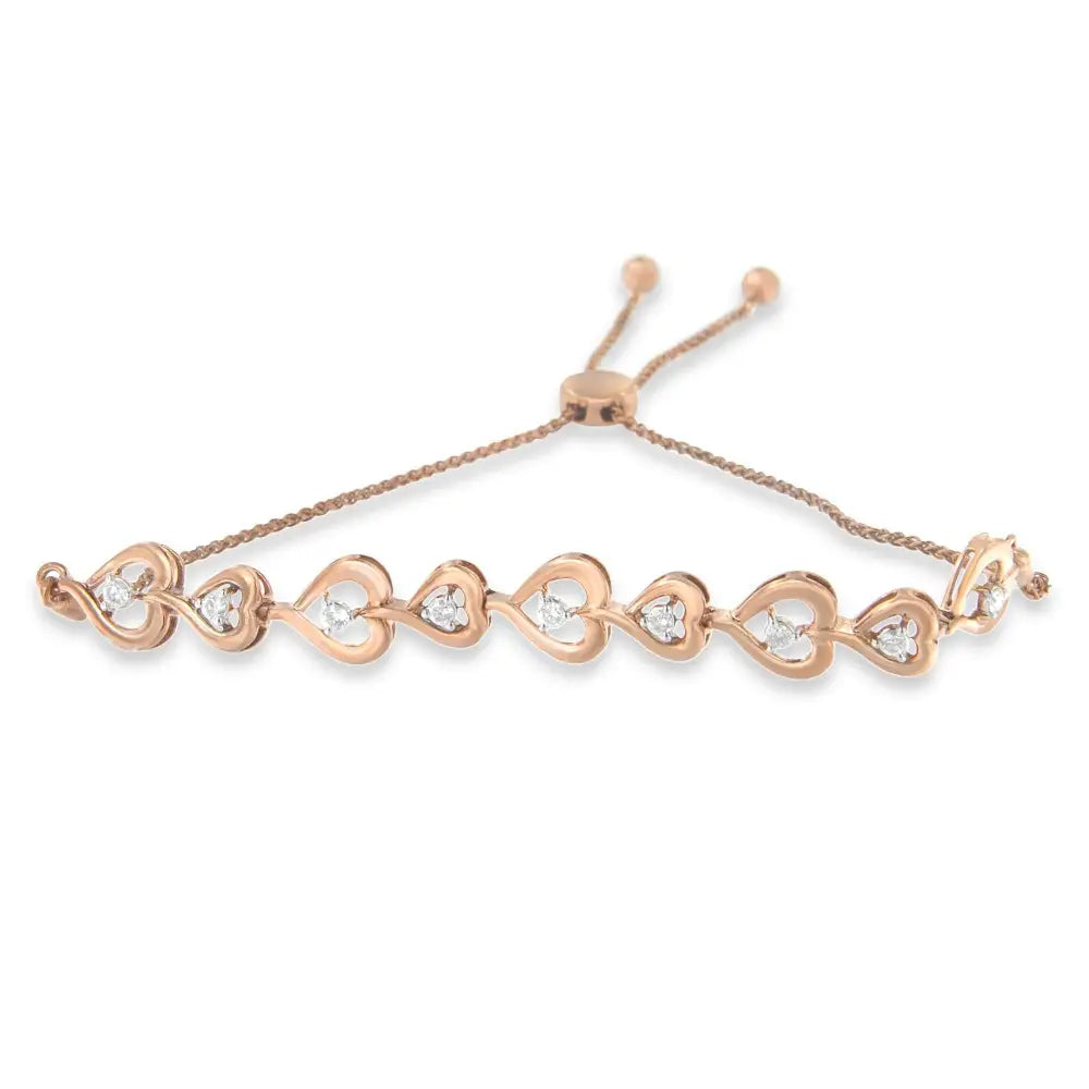 Rose plated sterling silver diamond heart link bolo bracelet 0.30 cttw bijoux-nyc direct
