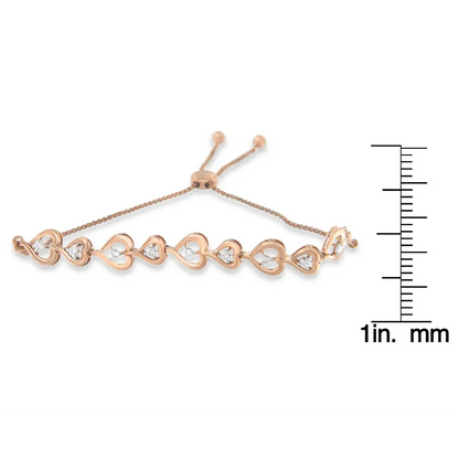 Rose Plated Sterling Silver Diamond Heart-Linked Bolo Bracelet (0.30 cttw, H-I Color, I2-I3 Clarity) - Bijoux-NYC Direct