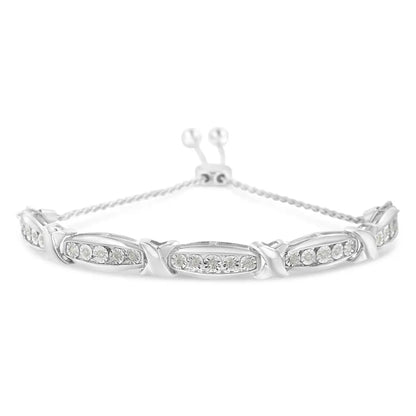 Round-Cut Diamond X & Tapered Bar Miracle-Set Bolo Bracelet (I-J Color, I3 Clarity) - .925 Sterling Silver - Bijoux-NYC Direct