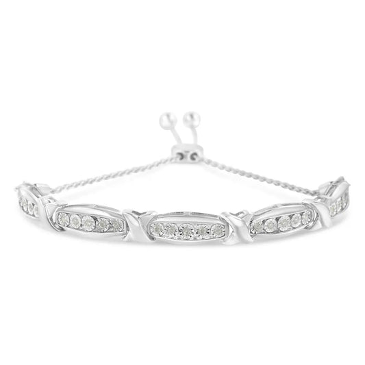 Round-Cut Diamond X & Tapered Bar Miracle-Set Bolo Bracelet (I-J Color, I3 Clarity) - .925 Sterling Silver - Bijoux-NYC Direct