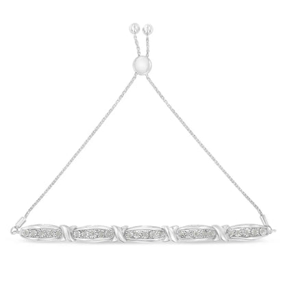 Round-Cut Diamond X & Tapered Bar Miracle-Set Bolo Bracelet (I-J Color, I3 Clarity) - .925 Sterling Silver - Bijoux-NYC Direct