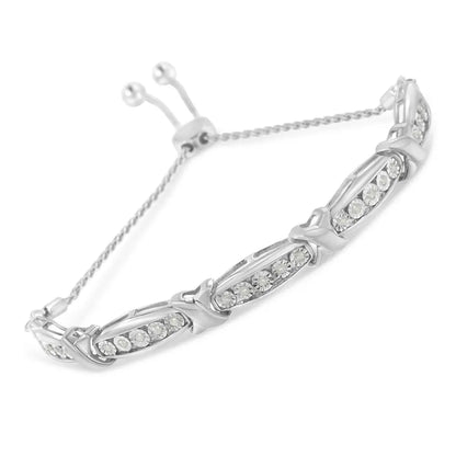 Round-Cut Diamond X & Tapered Bar Miracle-Set Bolo Bracelet (I-J Color, I3 Clarity) - .925 Sterling Silver - Bijoux-NYC Direct