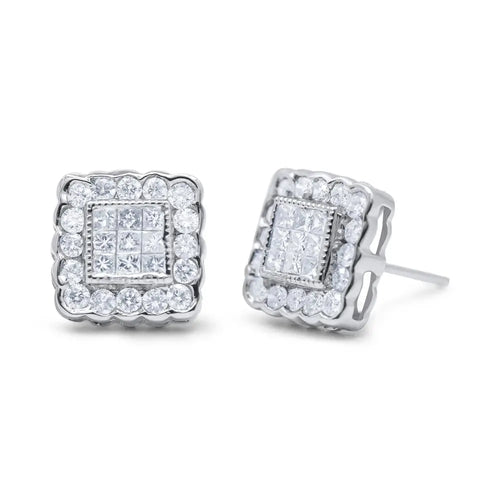 1 cttw princess cut square halo scallop stud earrings in 14k white gold bijoux-nyc direct