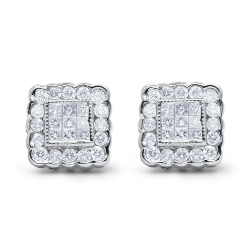 1 cttw princess cut square halo scallop stud earrings in 14k white gold bijoux-nyc direct