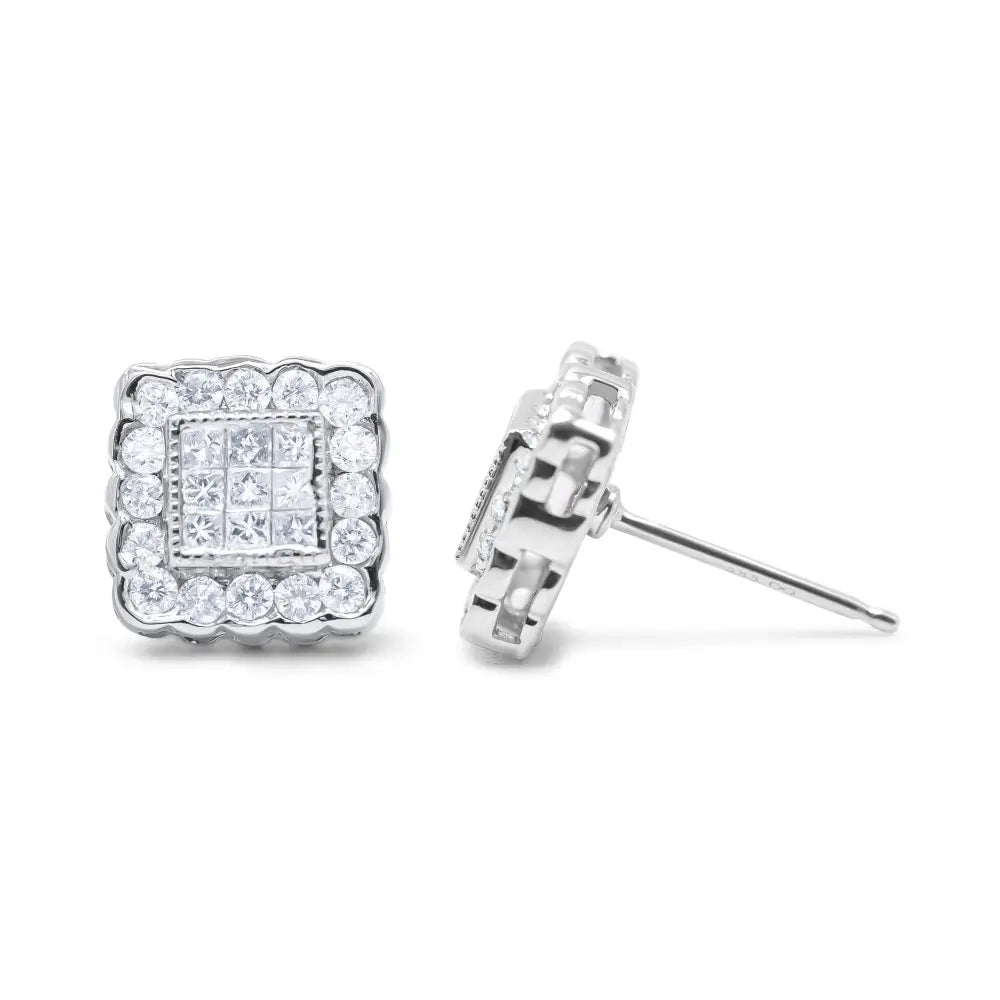 1 cttw princess cut square halo scallop stud earrings in 14k white gold bijoux-nyc direct