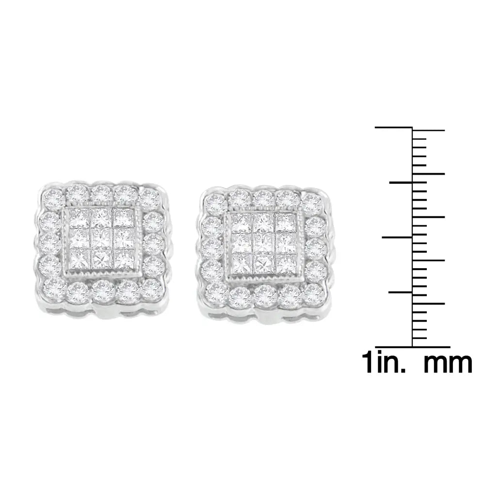 1 cttw princess cut square halo scallop stud earrings in 14k white gold bijoux-nyc direct
