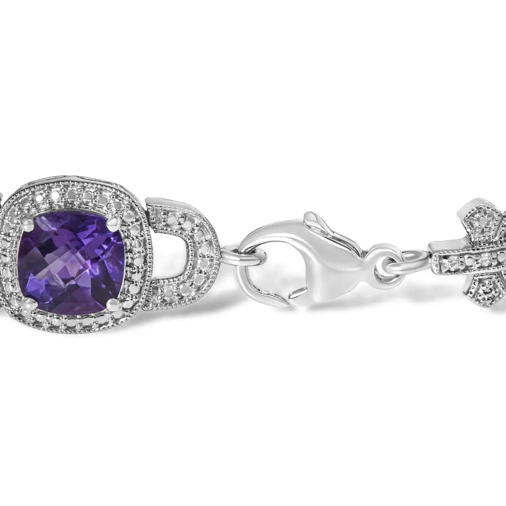 Silver cushion cut amethyst and diamond vintage halo link bracelet bijoux-nyc direct