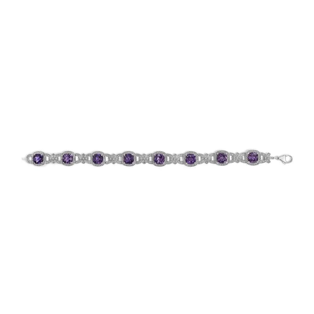 Silver cushion cut amethyst and diamond vintage halo link bracelet bijoux-nyc direct