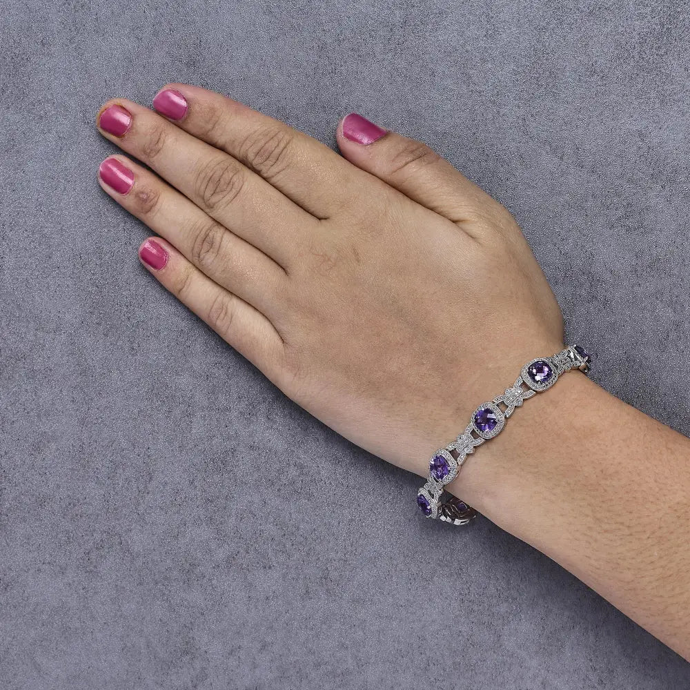 Silver cushion cut amethyst and diamond vintage halo link bracelet bijoux-nyc direct