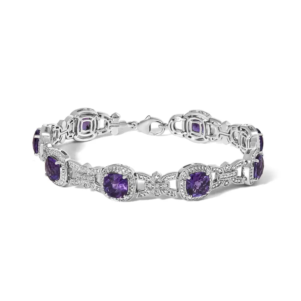 Silver cushion cut amethyst and diamond vintage halo link bracelet bijoux-nyc direct