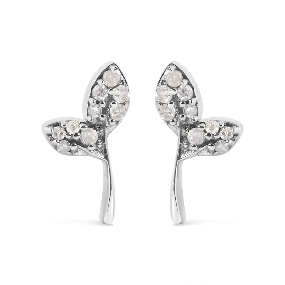 Sterling silver 1/16ct tdw diamond leaf post earrings bijoux-nyc direct