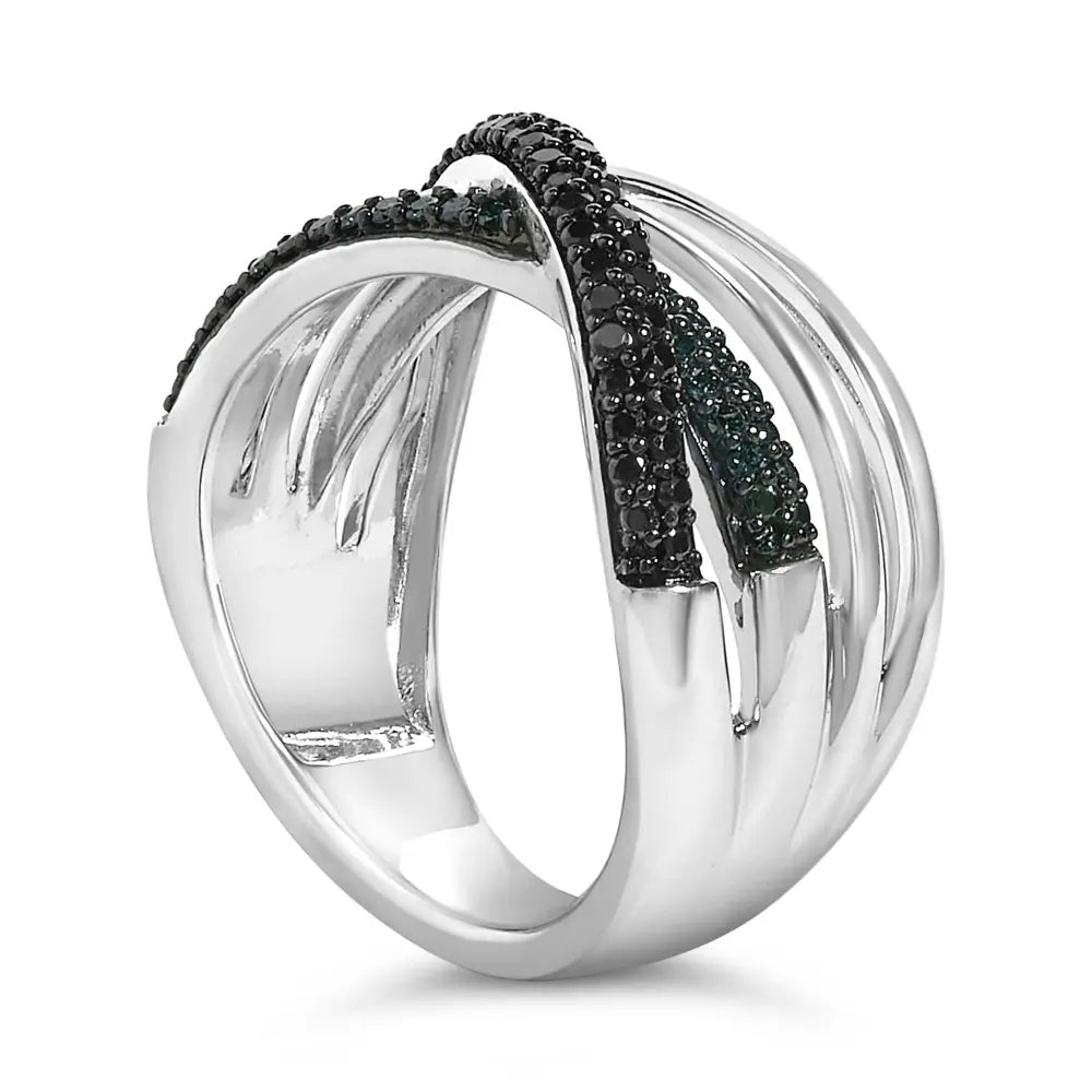 Sterling silver 1/2 cttw black and blue diamond crossover bypass ring bijoux-nyc direct