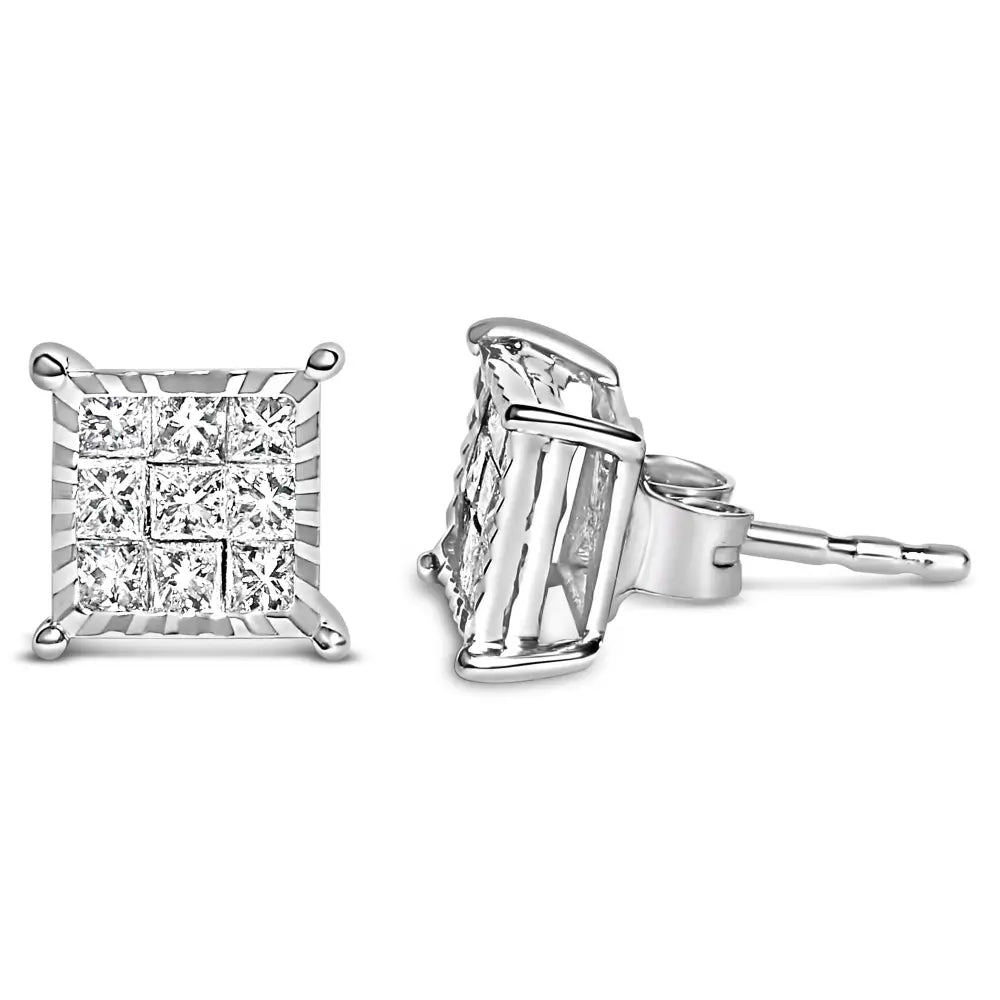 Sterling silver 1/2 cttw princess diamond invisible square stud earrings bijoux-nyc direct